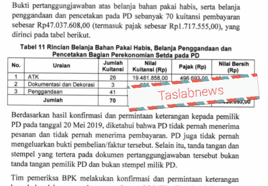 Bukti temuan BPK atas rekayasa dokumen di Bagian Perekonomian Pemko Tanjungbalai.