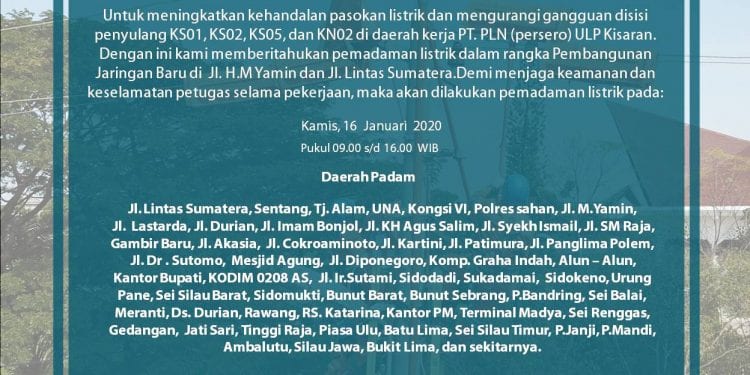 Daftar wilayah di Asahan yang terkena pemadaman Listrik, Kamis (16/1/2020)