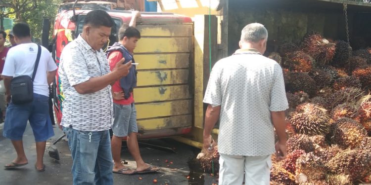 Supir truk bermuatan buah sawit (TDS) Nopol BM 9910 EU mengalami pecah ban dan terguling, Safii (baju merah).