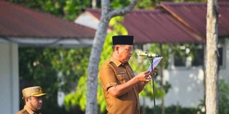 Staf Ahli Bupati Turing Ritonga saat menjadi pembina Apel di Lingkungan Pemerintah Kabupaten Labuhanbatu.