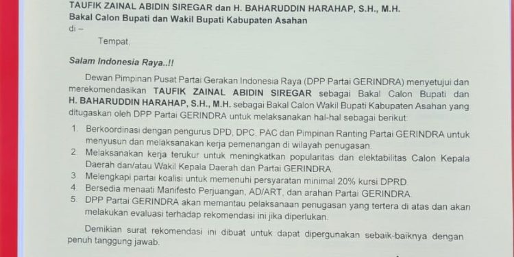 Beredar Isu Baharuddin Harahap dapat Restu Gerindra Dampingi Taufik di Pilkada Asahan